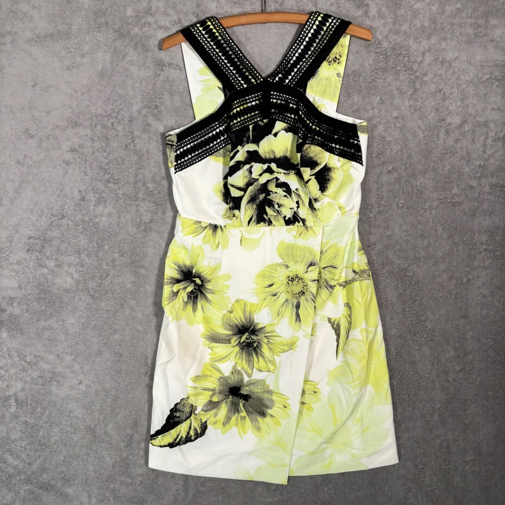 Tahari ASL Womens Floral Sheath Dress Yellow White Crochet Trim Size 10 Vibrant